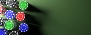 Casino poker chips on green table, banner. 3d illustration